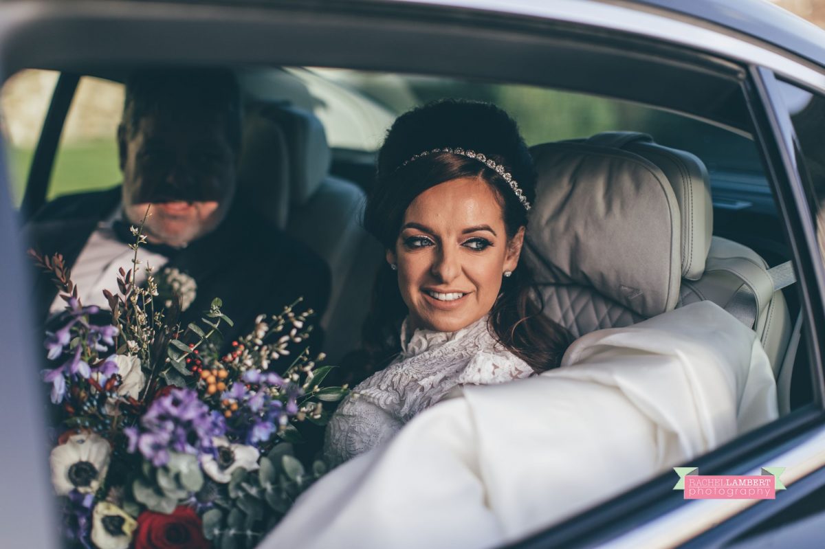 arrival of bride in wedding car at oldwalls