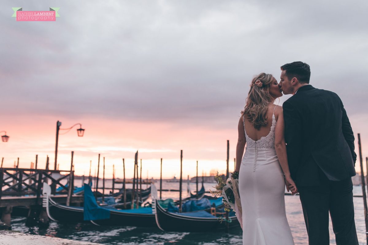 bride and groom sunrise gondolas st marks square Venice italy
