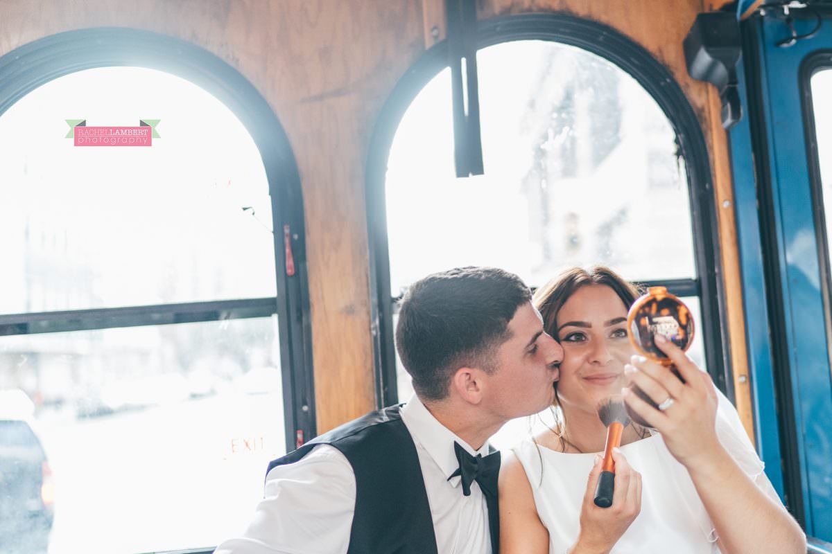 rachel lambert photography new york wedding photos bride and groom trolley bus sight seeing