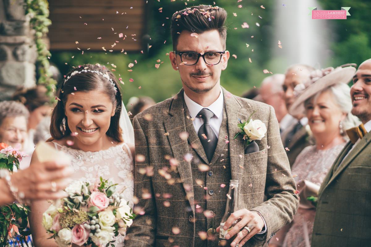 canada lake lodge bride and groom confetti shot