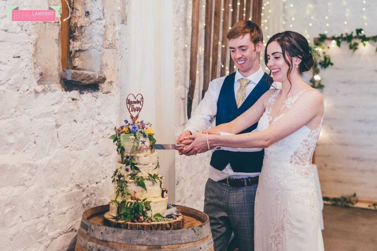 Rosedew Farm Wedding Photographer cutting the cake
