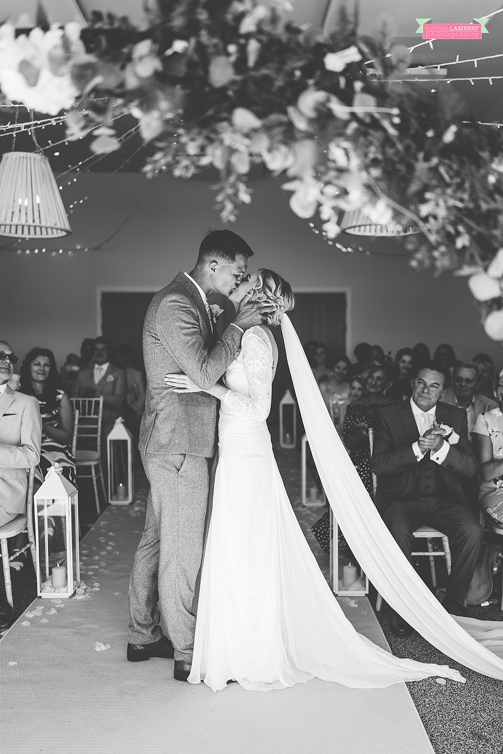 Llanerch Vineyard Wedding Photographer bride and groom first kiss