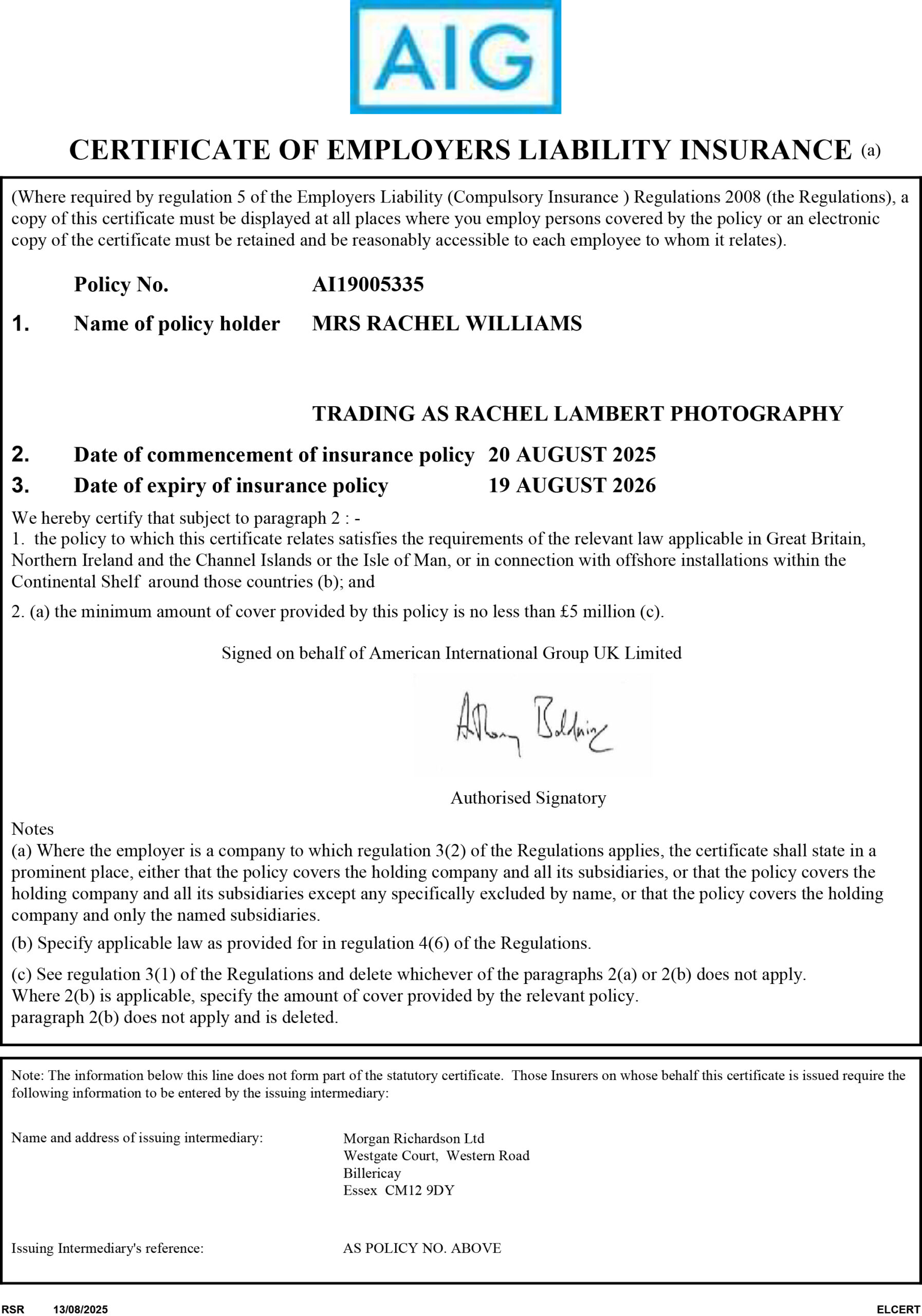 Certificate of Employers Liability Insurance 2025-26 public liability insurance